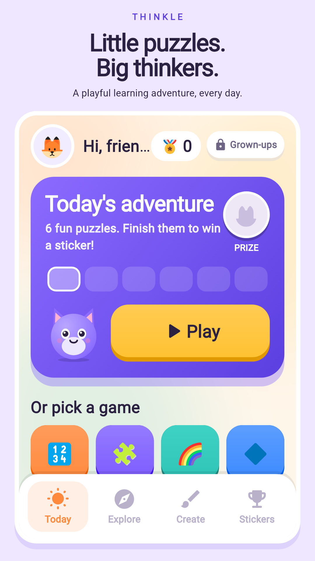 Thinkle's daily adventure screen with six puzzles and a sticker reward